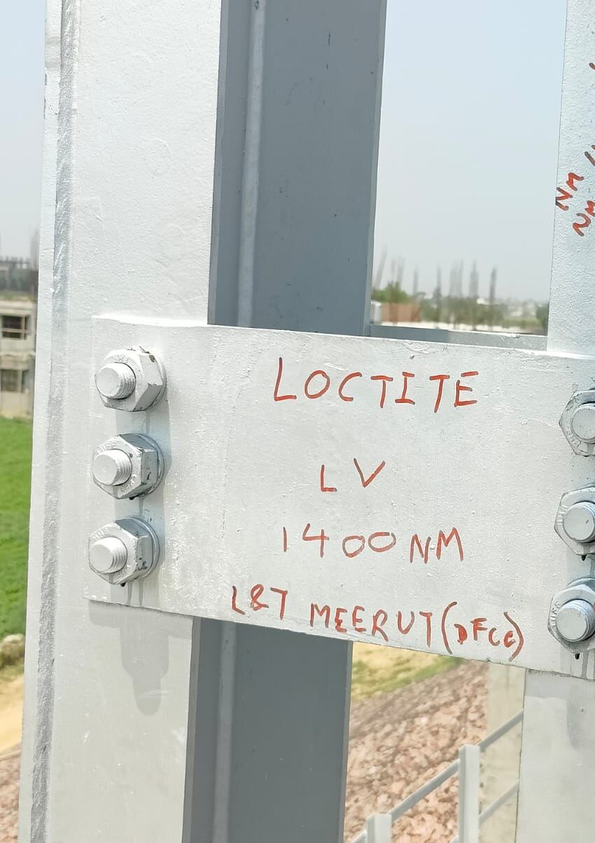 LOCTITE LV and 1400 Nm torque specification marked on erected steel at L&T Meerut DFCC site